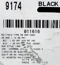 Alpha Wire 9174 26awg RG-174/U Wireless 50Ohm Coaxial Antenna Cable Black /50ft