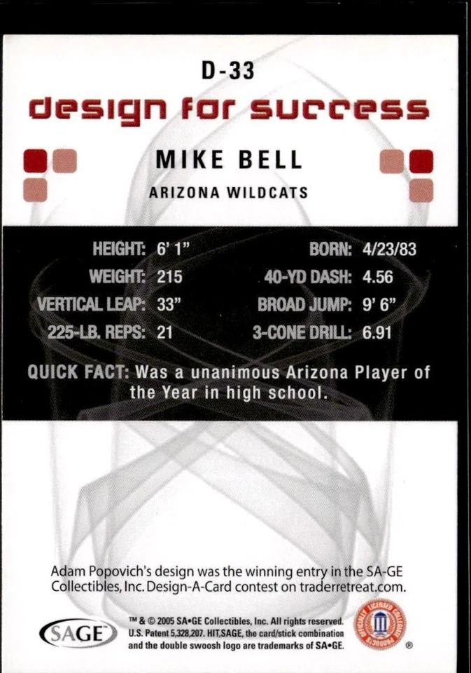 2006 SAGE HIT #D-33 Mike Bell Design for Success Blue Arizona Wildcats - Image 2 of 2