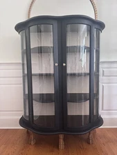 Curved Glass Bow Front Curio Cabinet Solid Wood / Black / 3 Shelves & New Locks