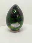 VTG Blenko Dark Green with Yellow Glass Egg Hand Blown Paperweight with Sticker
