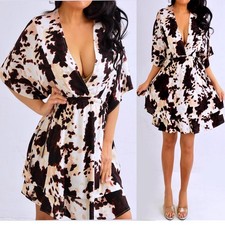 Brown Beige Ivory Kimono V Neck Short Mini Dress Size M Medium NEW