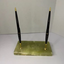Vintage Parker 51 Fountain & Ball Point Pen Desk Set Green Onyx Base MCM READ!