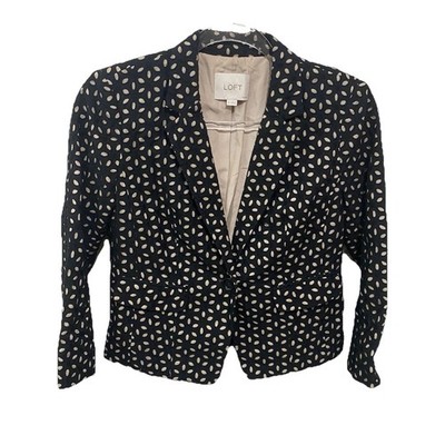 LOFT 0P 0 Petite Black Beige Lazer Cut 3/4 Sleeve Cotton Blazer Jacket Y19