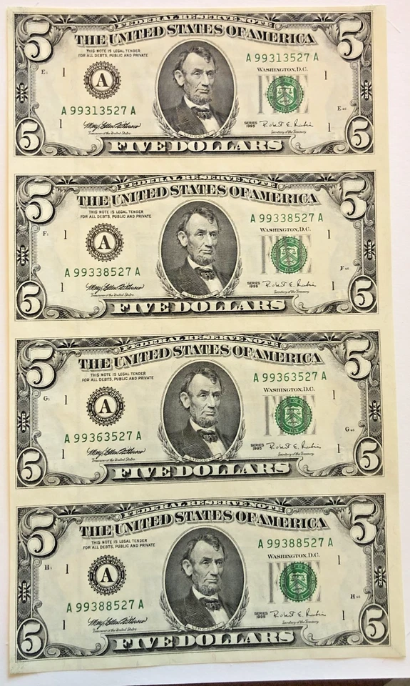 1995 Uncut Sheet of 4 $5 Dollar Bills Currency Bureau of Engraving and Printing - Image 2 of 4