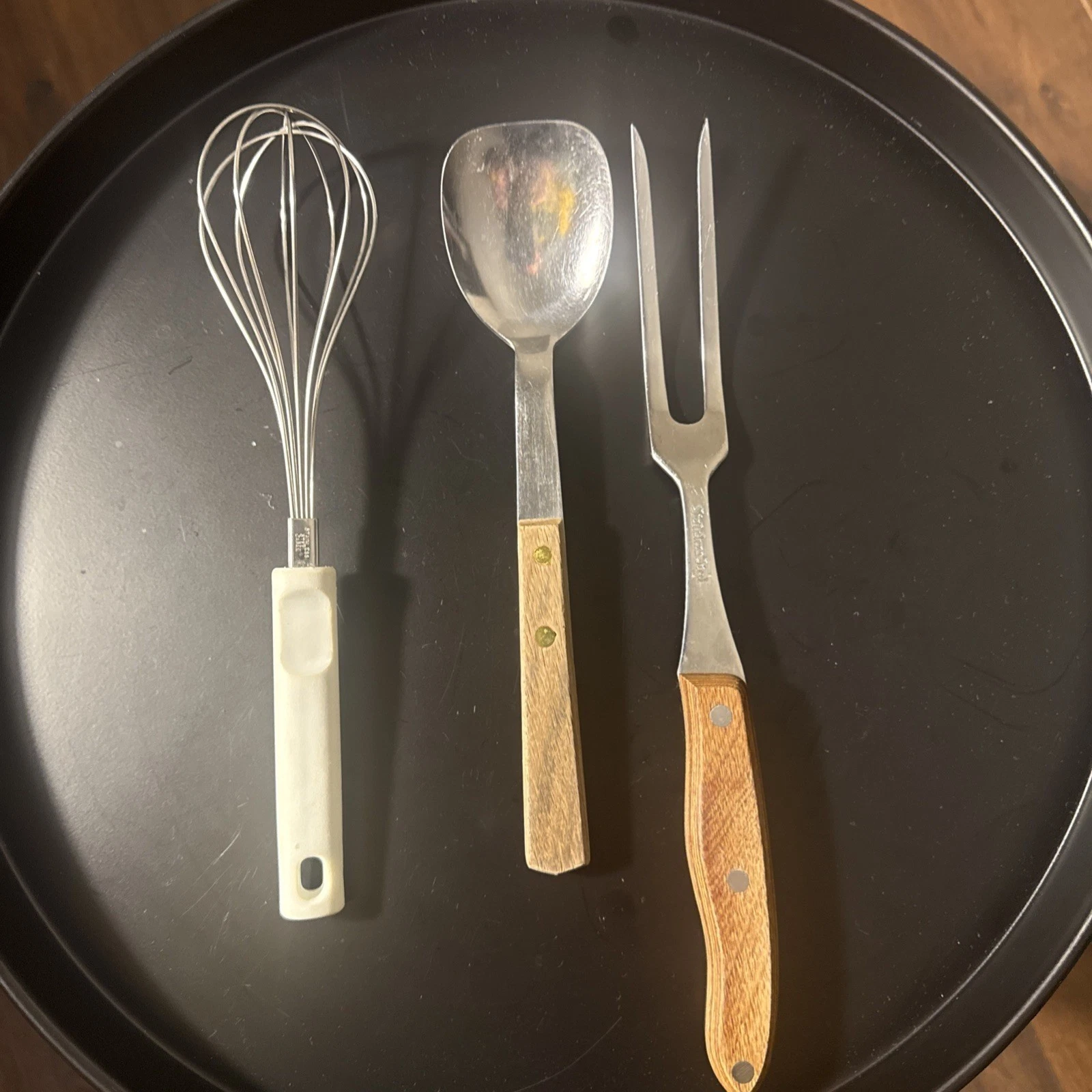 Vintage Warco Japan Federal Land Bank Spoon, Interpur Meat Fork, Whisk Lot Of 3