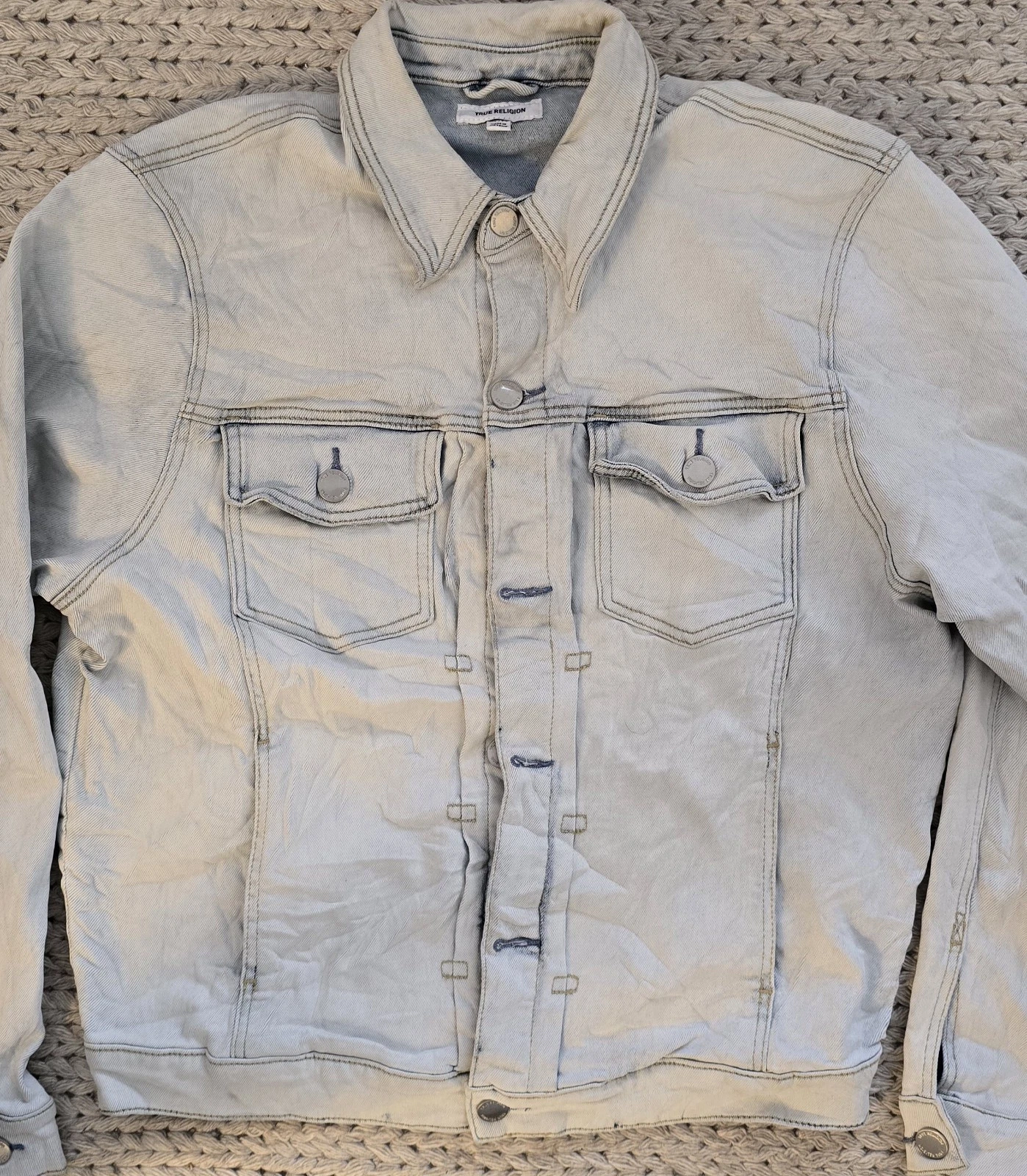 True Religion Men's Denim Jacket XL Light Wash Trucker Style Distressed Vintage