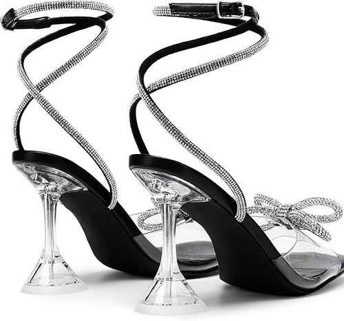 NEW Fashion Strappy Stiletto Heel Sandals Women's Sandal Rhinestone Square - Picture 17 of 43