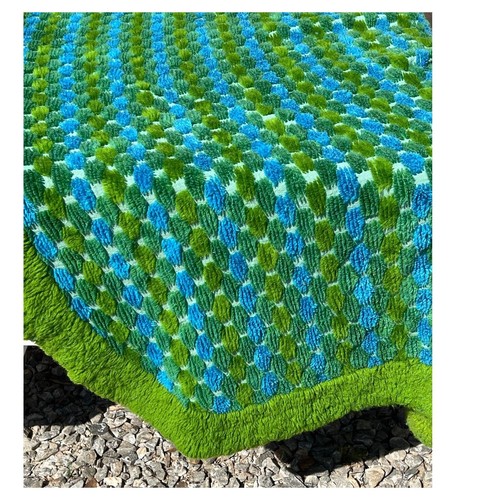 Colcha de chenilla vintage completa azul verde años 70 brillante boho hippie ligera - Imagen 2 de 7