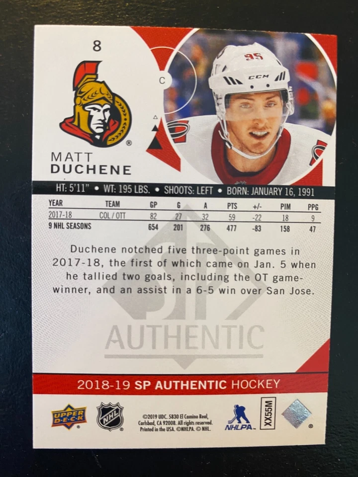 Matt Duchene 2018-19 SP Authentic Upper Deck #8 Ottawa Senators - Image 2 of 2