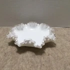 Vintage Fenton Silver Crest White Milk Glass Ruffled Edge Bowl Candy Dish 8"