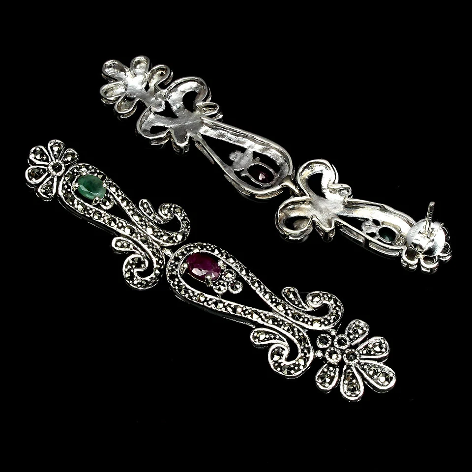 925 Sterling Silver Earrings Oval Ruby Emerald Marcasite Gemstone Jewelry Gift - Image 3 of 4