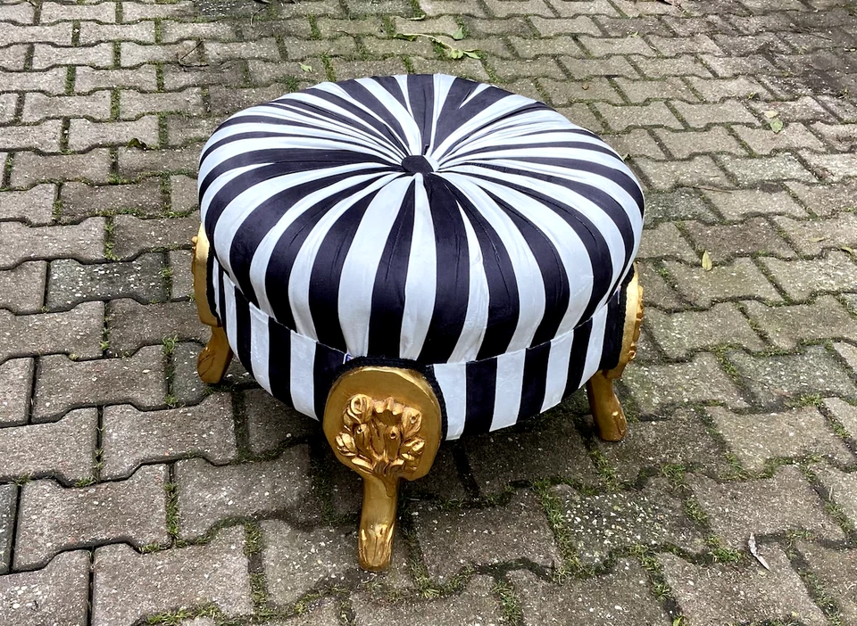 Puf de Banco Otomano Luis XVI Dorado Haya Rayas Terciopelo Asiento Cama Extremo Taburete Foto 4 de 4