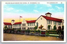 Vintage Postcard FL St. Petersburg Senior High School 20s Cars White Border10033