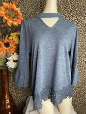 🦋DOE & RAE🦋Denim Grey Mock Neck Bell Sleeve Ruffle Trim Top NWT | MEDIUM |