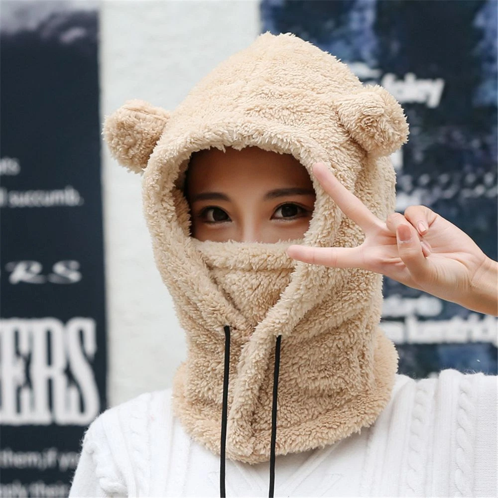 Winter Hats Bear Cap And Scarf 2 In 1 Cute Cartoon Thick Hat Protectors  Warm Plush Hat Cap Women Girl Hat Gray One Size