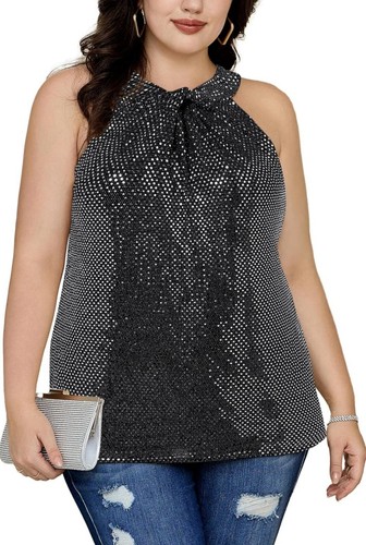 Damen Übergröße Pailletten Tank Tops Glitzer Neckholder Schlüsselloch Gr. 22W - Bild 1 von 17