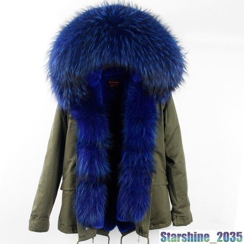 Chic Women Large Real Fur Collar Hood Coat Warm Jackets Short Parka Furry Winter - Picture 13 of 41