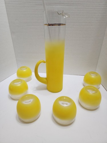 BLENDO 50s MCM Tall Pitcher & 6 Short Glass Set Ombré Frosted Yellow Vintage - Picture 3 of 6