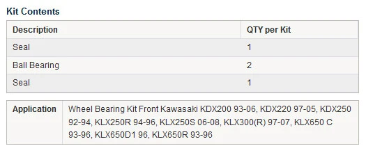 Kit de rolamento de roda dianteira Kawasaki KDX220R 1997-2005, todas as bolas 25-1745 - Imagem 2 de 3