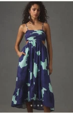 NEW Anthropologie Hutch Sleeveless Babydoll Cutout Midi Dress Blue Sundress Sz L