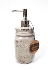NEW 16 OZ MASON CRAFT TAUPE,BEIGE GLASS JAR SOAP,LOTION DISPENSER,SILVER PUMP