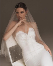 Fancy Beaded Pearl Tulle Bridal Veil Elegant Simple Cathedral Wedding Accessory