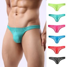 Men Mesh See-through Pouch G-string Briefs Underwear Striped T-back Thong Panty  