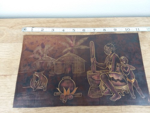 African Copper Art Panel Family Life Unframed 11" x 6"