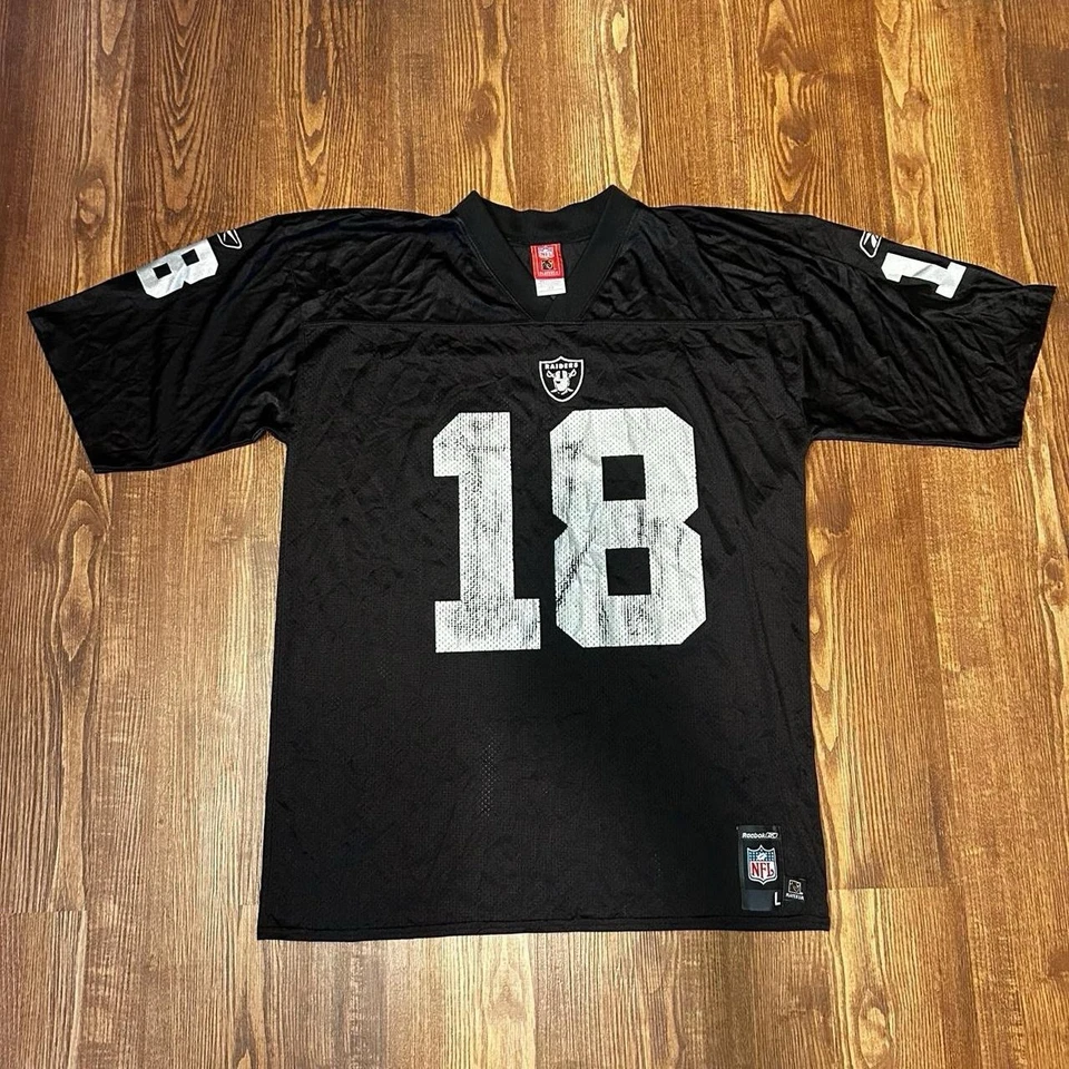 锐步男式 Randy Moss Oakland Raiders 球衣 #18 白色/黑色,尺寸 L — 第 2/4 张图片