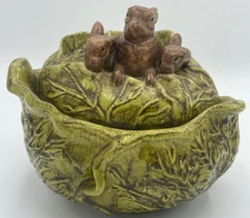 Vintage Holland Mold Cabbage Dish/Bowl W/ Lid 3 Bunnies ~ 1970's