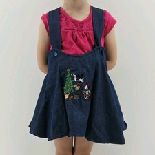 Vtg Handmade Disney Mickey Mouse Denim Overall Dress Embroidered 4 Girls Xmas