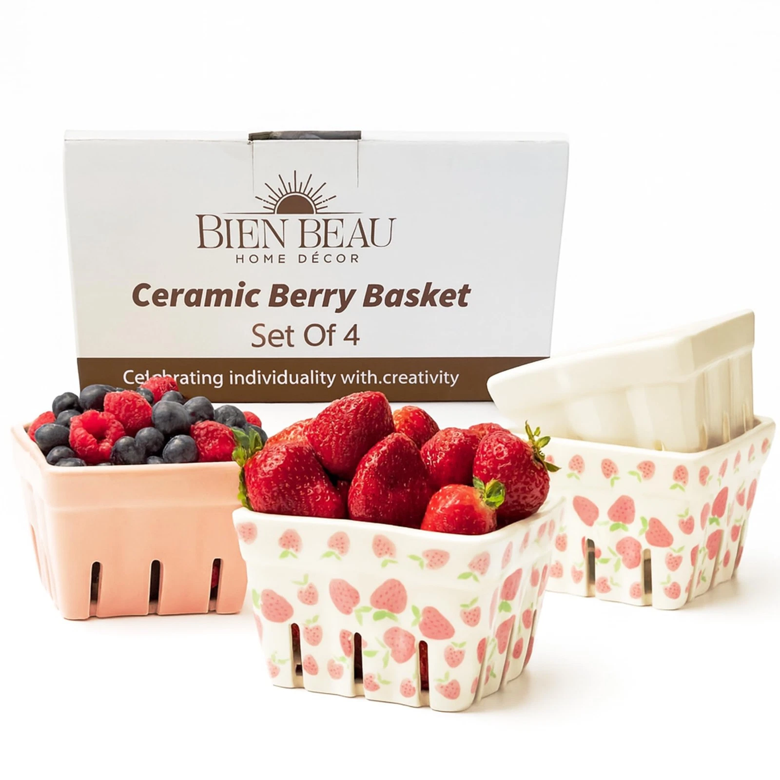 Ceramic Berry Basket, Farmhouse Colander, 4.25 x 4 x 2.8 inches, White,Pink