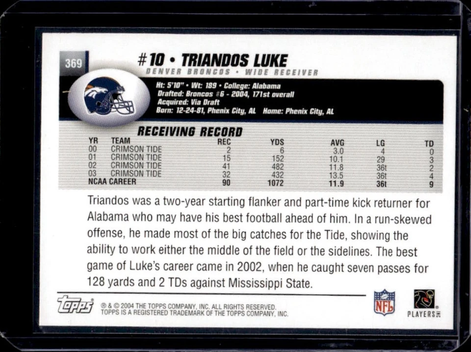 2004 Topps Triandos Luke Collection Rookie RC #369 Broncos - Image 2 of 2
