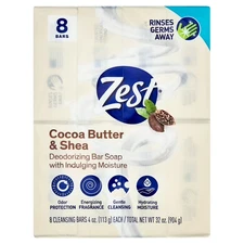 Zest Cocoa Butter & Shea Moisture Deodorizing Bar Soap, 8 Pack, 4 oz Each
