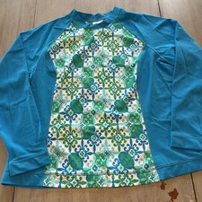 Lands End Blue Green White Medallion Print Long Sleeve Rash Guard Sz 1X