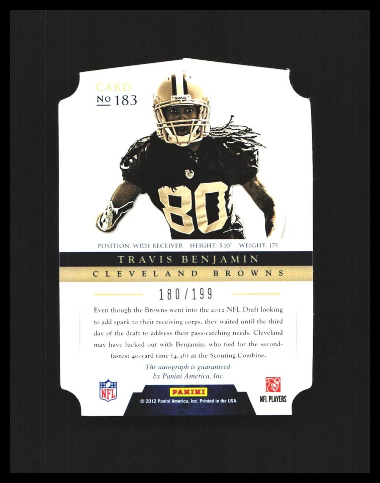 2012 Travis Benjamin Rookie Auto Panini Prominence Die-Cut /199 #183 Browns - Image 2 of 3
