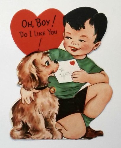 Vintage 1960s Valentine Card Boy with Dog Holding Love Note 3.5"h