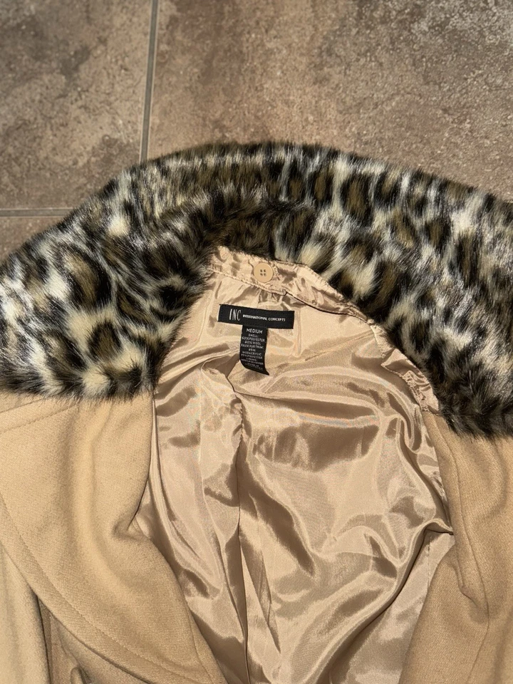 INC International Concepts Faux Fur Collar Coat Cheetah Print Size Medium Tan - Image 2 of 3