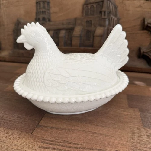 Vintage Indiana Glass Hen on Nest White Milk Covered Chicken Candy Dish 7 Inch