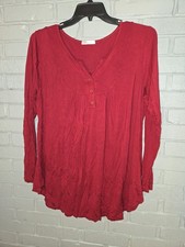 Halife women red button henley tunic blouse long sleeve 2XL