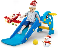 3 in 1 Toddler Slide, Baby Slide Plastic Climber Playset with Basketball Hoop an