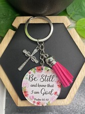 3.5 Scripture Pendant Purse Rhinestone Cross Charm Keychain Be Still B3616