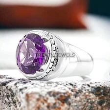 Amethyst Oval Cut Gemstone With 925 Sterling Silver Ring For Men's #79