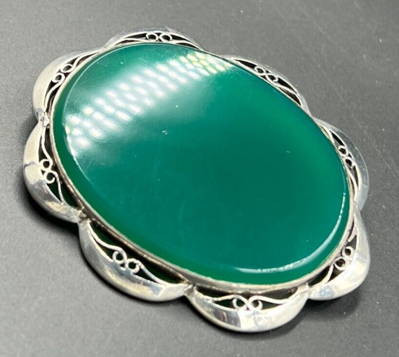 Antique Solid Silver & Chrystoprase Large Brooch … - image 8