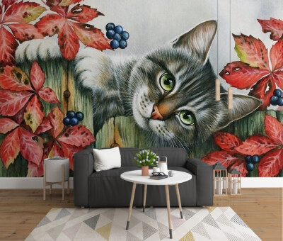 3D Hand Drawn Cat Leaves K34 Wallpaper Mural Self-adhesive Removable Sticker Kay