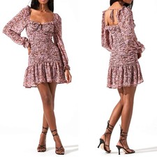 NEW ASTR The LABEL Carmella FLORAL Ruched CHIFFON Ruffle NOTCHED Mini DRESS XS