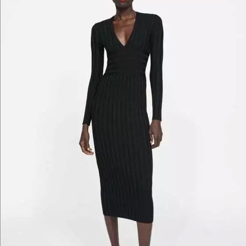 ZARA Ribbed Midi Knit Dress M Oatmeal 