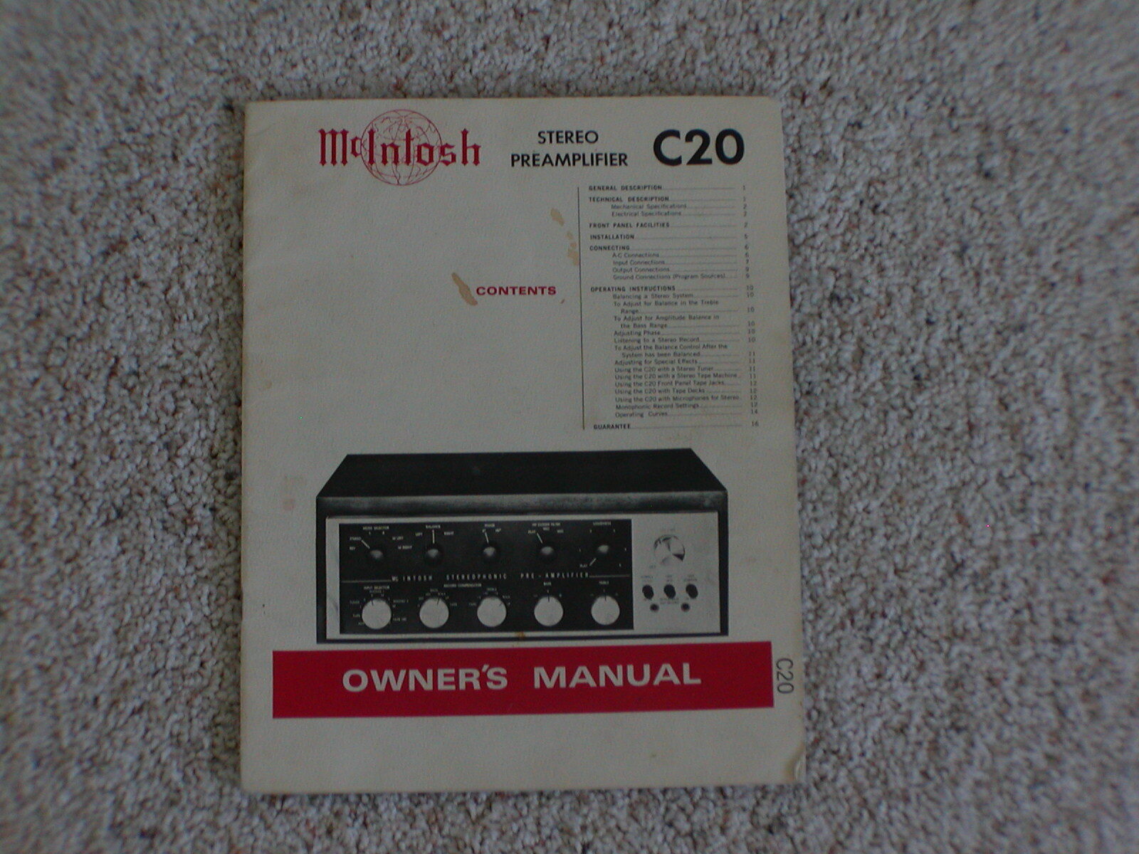 Vintage Original McIntosh C20 Manual. Average Condition.