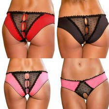 Burlesque Silky Satin & Sheer Lace Crotchless Knickers with Bows Sexy Lingerie