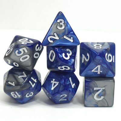 New 7 Piece Polyhedral Blend Blue Silver Dice Set With Dice Bag D&D RPG